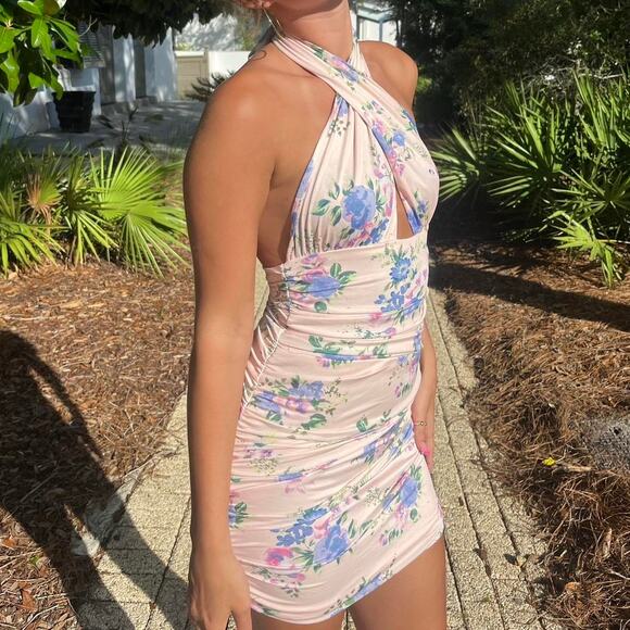 Zara Pink Floral Halter Dress XS Ruched Backless Corset Plunge Summer Party - Picture 3 of 5